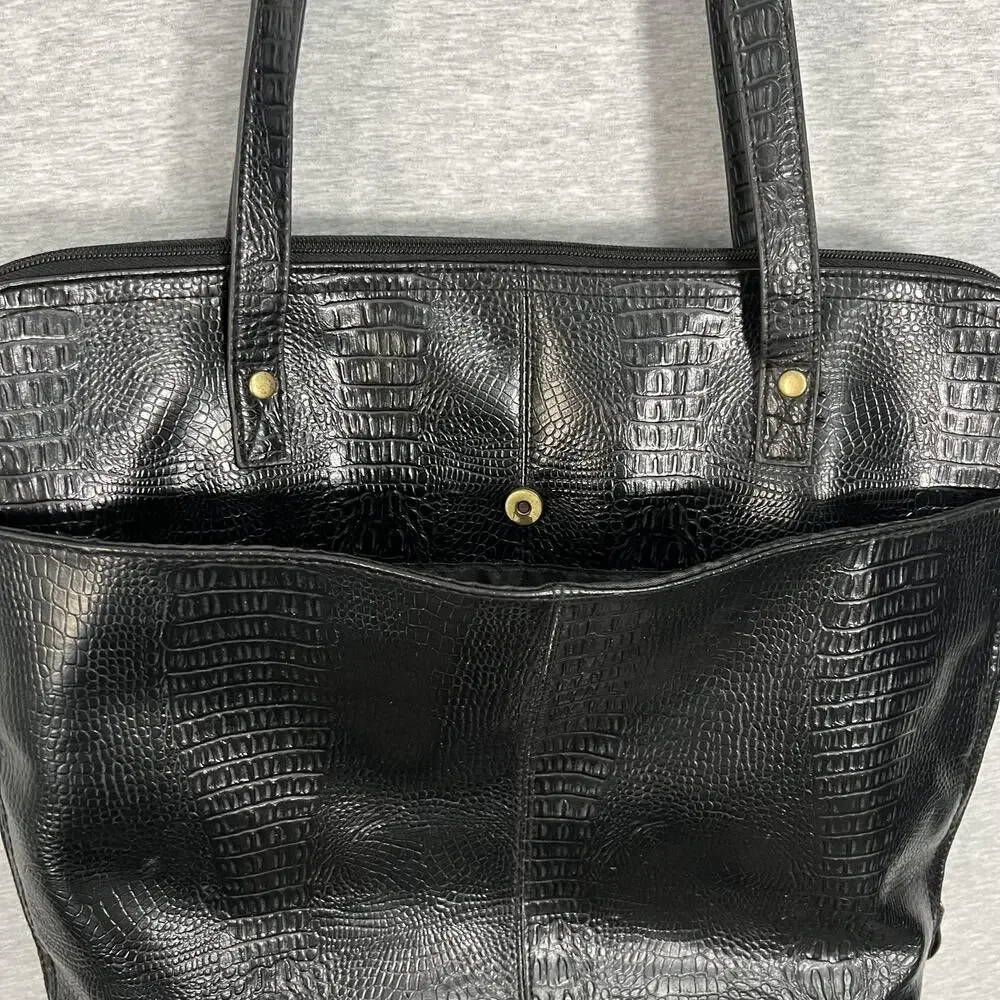 Bueno Croc Embossed Shoulder Tote Bag Womens Black Zip Double Strap Laptop
